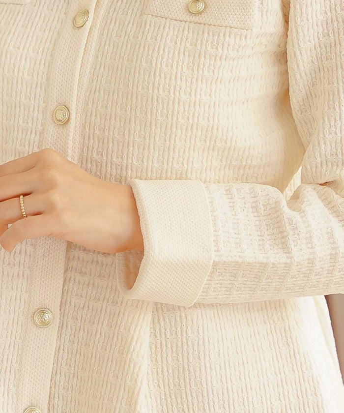 レディース ペプラム ニット ジャケット ノーカラー クルーネック セレモニー 入卒 授業参観 式 きれいめ 上品 シンプル ストレッチ オケージョン 入園 卒業 エレガント アイボリー ピンク ネイビー アソート柄 ツイード 春 秋 冬