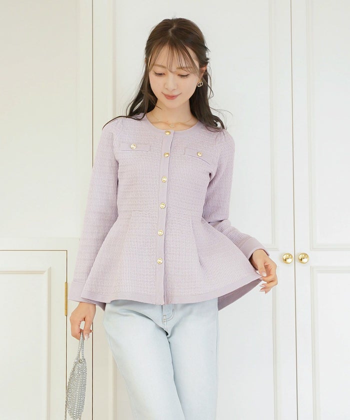 レディース ペプラム ニット ジャケット ノーカラー クルーネック セレモニー 入卒 授業参観 式 きれいめ 上品 シンプル ストレッチ オケージョン 入園 卒業 エレガント アイボリー ピンク ネイビー アソート柄 ツイード 春 秋 冬