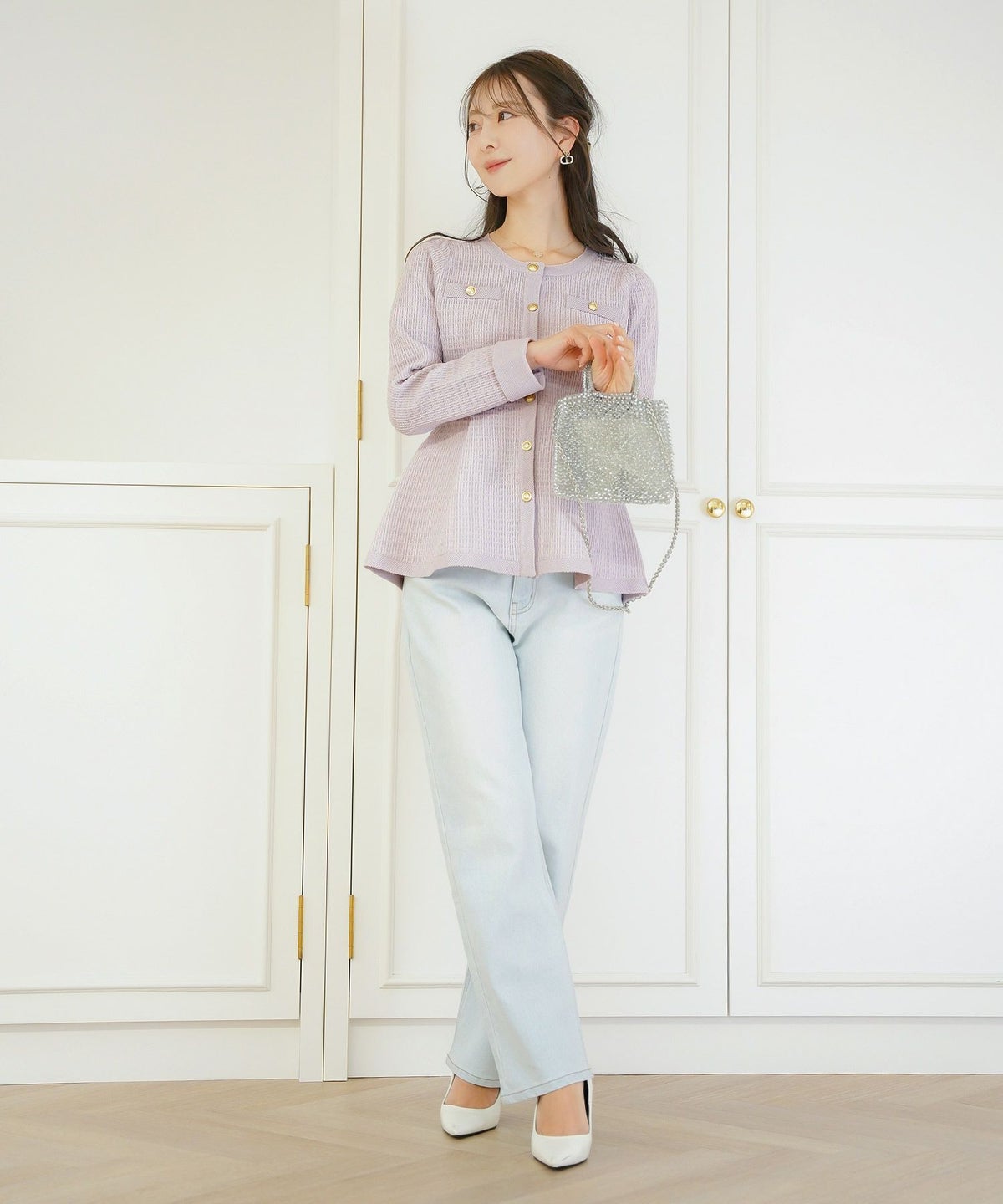 レディース ペプラム ニット ジャケット ノーカラー クルーネック セレモニー 入卒 授業参観 式 きれいめ 上品 シンプル ストレッチ オケージョン 入園 卒業 エレガント アイボリー ピンク ネイビー アソート柄 ツイード 春 秋 冬