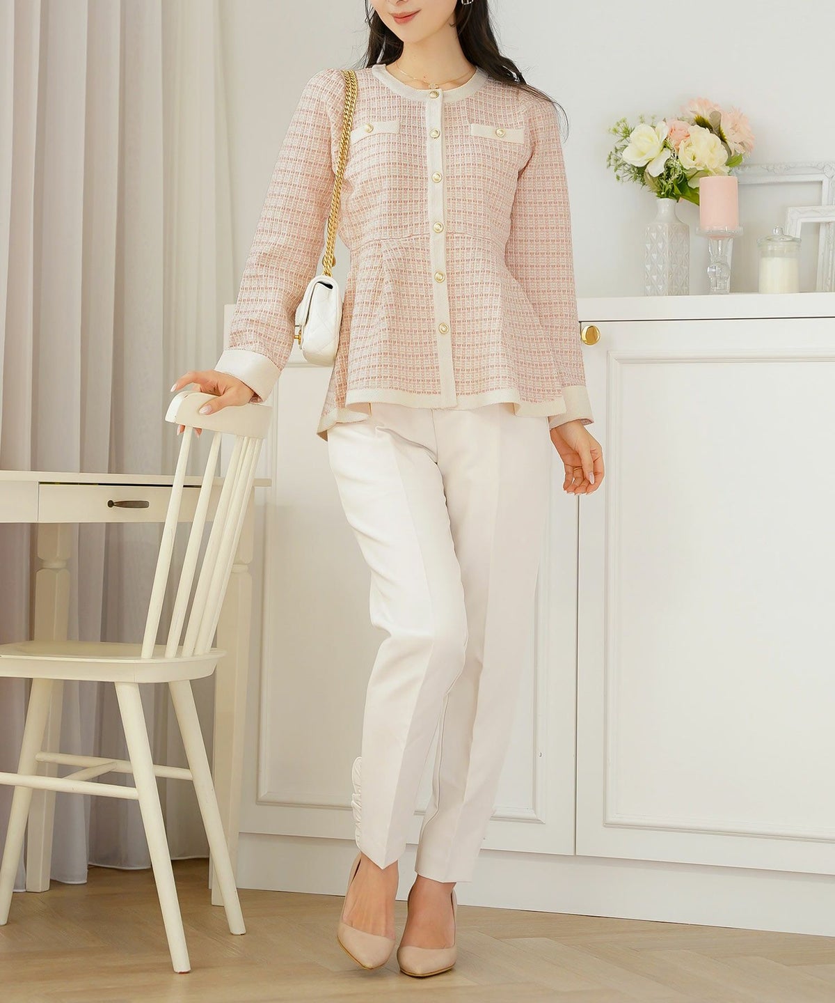 レディース ペプラム ニット ジャケット ノーカラー クルーネック セレモニー 入卒 授業参観 式 きれいめ 上品 シンプル ストレッチ オケージョン 入園 卒業 エレガント アイボリー ピンク ネイビー アソート柄 ツイード 春 秋 冬