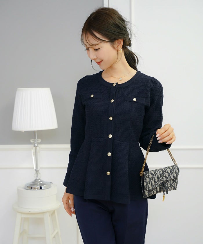 レディース ペプラム ニット ジャケット ノーカラー クルーネック セレモニー 入卒 授業参観 式 きれいめ 上品 シンプル ストレッチ オケージョン 入園 卒業 エレガント アイボリー ピンク ネイビー アソート柄 ツイード 春 秋 冬