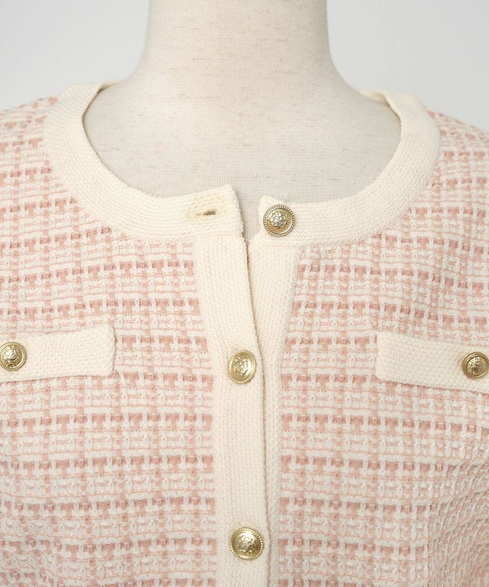 レディース ペプラム ニット ジャケット ノーカラー クルーネック セレモニー 入卒 授業参観 式 きれいめ 上品 シンプル ストレッチ オケージョン 入園 卒業 エレガント アイボリー ピンク ネイビー アソート柄 ツイード 春 秋 冬