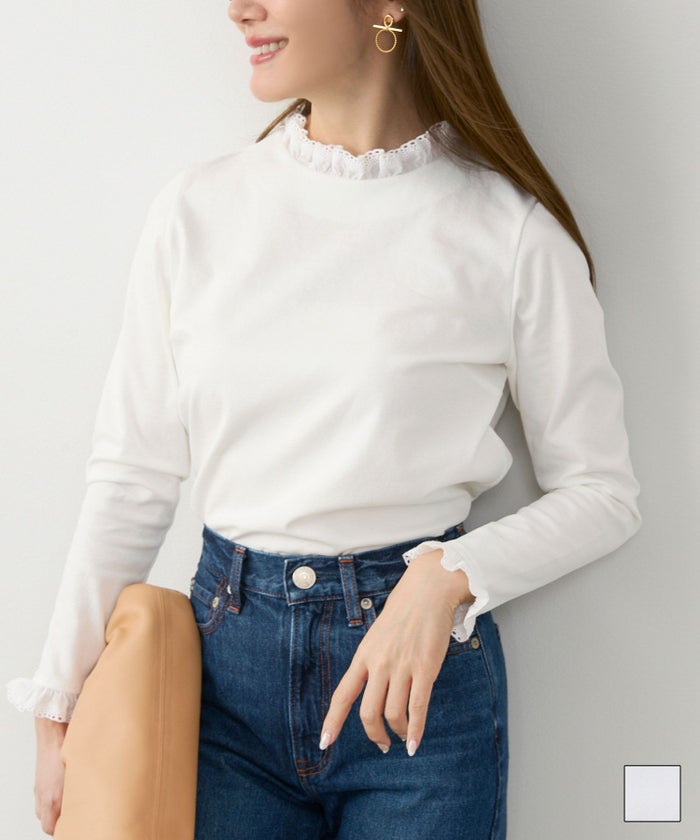 手洗い可 トップス オフィス 着回し かわいい 大人カジュアル きれいめ フェニミン おすすめ ジョイントスペース コットンレース フリル カットソー Liala×PG