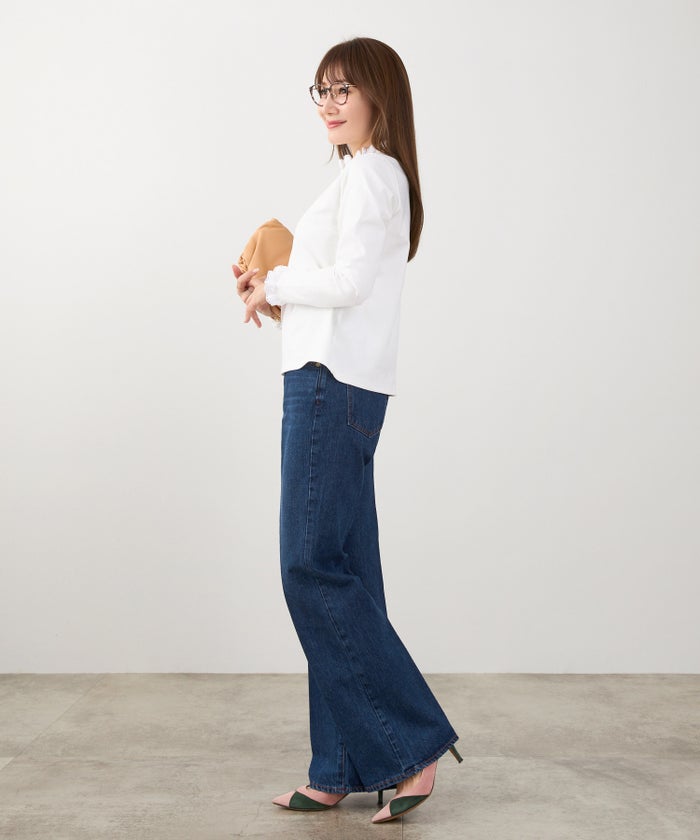 新色追加 手洗い可 オフィス 着回し かわいい 大人カジュアル きれいめ フェニミン ジョイントスペース コットンレースフリルカットソー Liala×PG