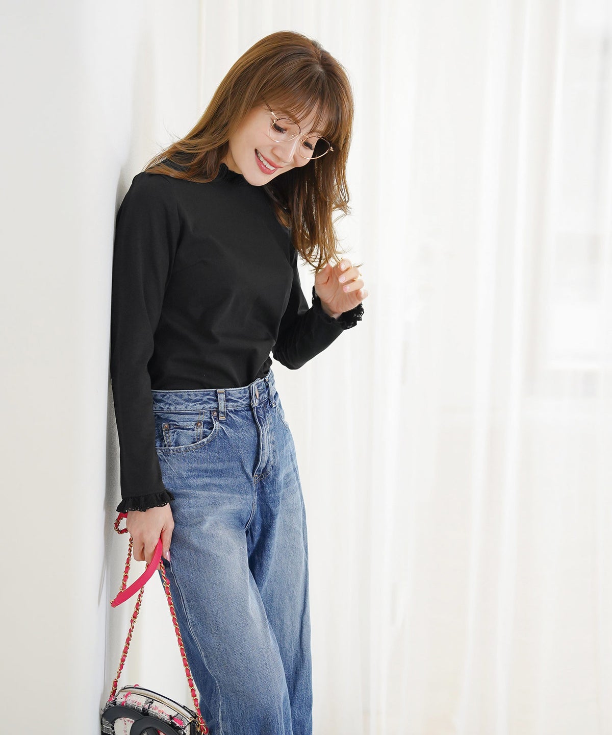 新色追加 手洗い可 オフィス 着回し かわいい 大人カジュアル きれいめ フェニミン ジョイントスペース コットンレースフリルカットソー Liala×PG