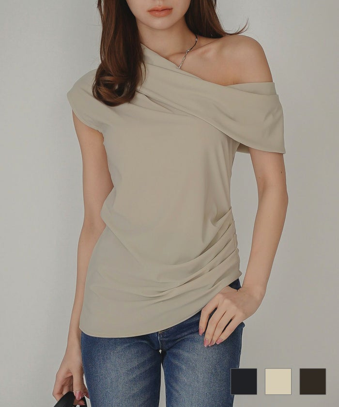 韓国風 韓国系 カジュアル エレガント 海外系 きれいめ 細見え カジュアル スタイル盛れ KINO THE KEI 2WAY ドレープ ワンショルダ― プルオーバー ( セットアップ可 ) KINO THE KEI