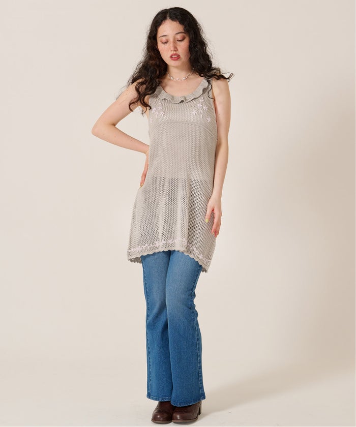 ワンピース/花/バックオープン/ハンド刺繍入り 透かし編み ニットワンピース TINA：JOJUN