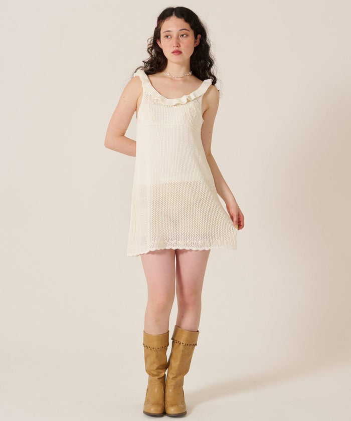 ワンピース/花/バックオープン/ハンド刺繍入り 透かし編み ニットワンピース TINA：JOJUN