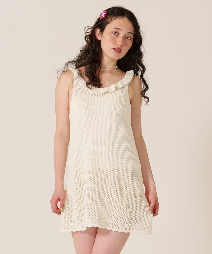 ワンピース/花/バックオープン/ハンド刺繍入り 透かし編み ニットワンピース TINA：JOJUN