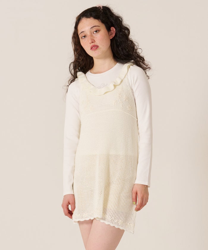 ワンピース/花/バックオープン/ハンド刺繍入り 透かし編み ニットワンピース TINA：JOJUN