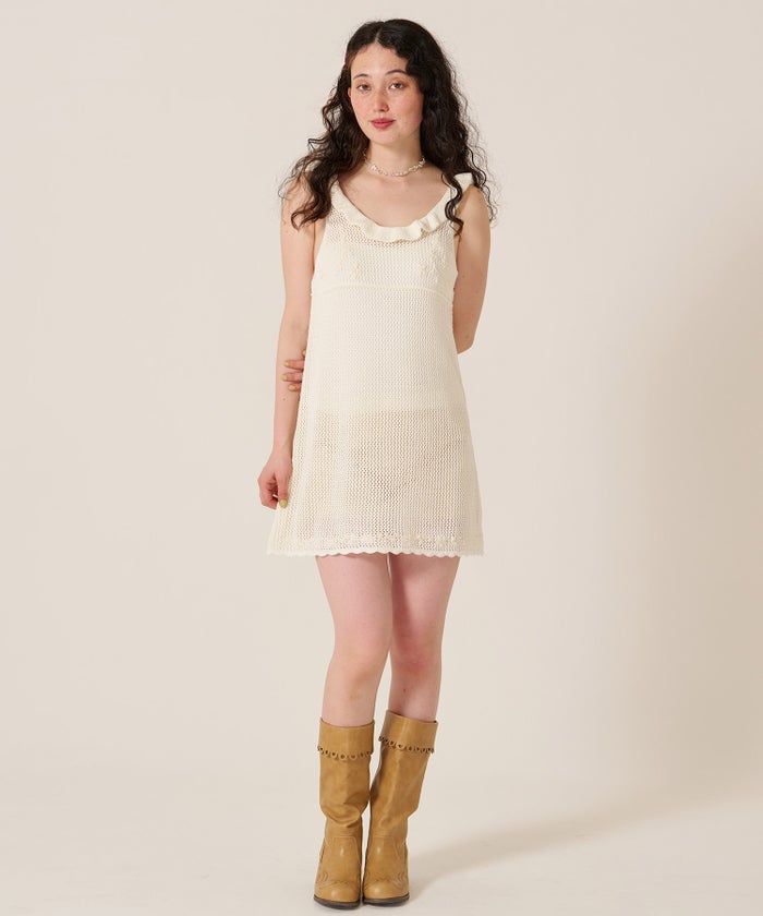 ワンピース/花/バックオープン/ハンド刺繍入り 透かし編み ニットワンピース TINA：JOJUN