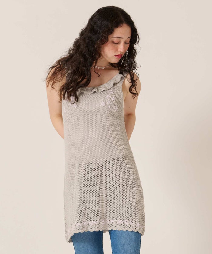 ワンピース/花/バックオープン/ハンド刺繍入り 透かし編み ニットワンピース TINA：JOJUN