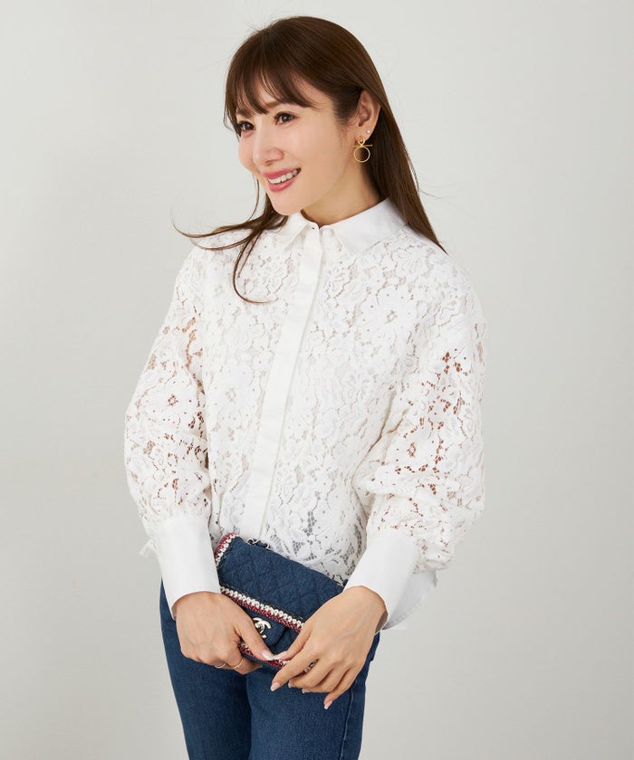 手洗い可 オフィス おしゃれ フェミニン 透け感 カフス 上品 きれいめ 大人カジュアル 長袖 襟付き ジョイントスペース