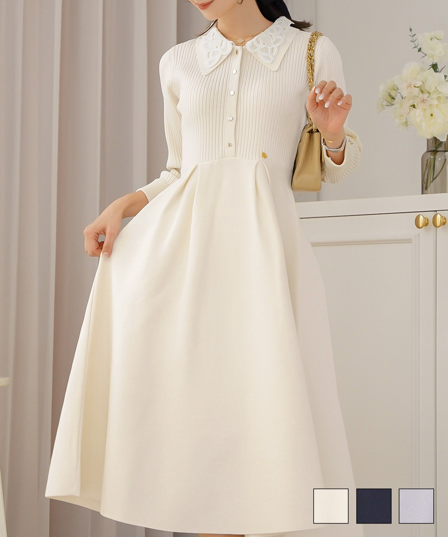 レース ダブル 襟 ニット ワンピース le reve vaniller 全3色｜lvn311