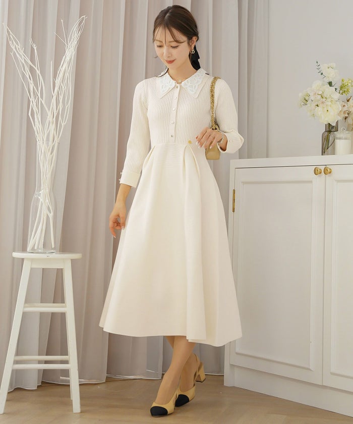 ニット ワンピース レース レース襟 花 華やか エレガント フェミニン 上品 大人 きれいめ 食事会 懇談会 ヌン活 女子会 前開き 長袖 春 映え 秋 