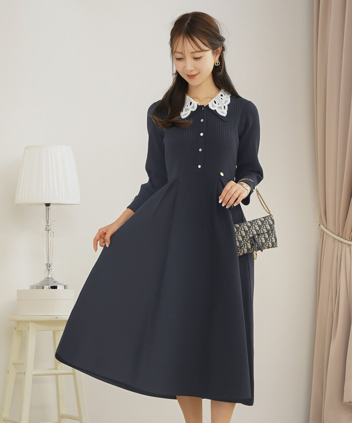 ニット ワンピース レース レース襟 花 華やか エレガント フェミニン 上品 大人 きれいめ 食事会 懇談会 ヌン活 女子会 前開き 長袖 春 映え 秋 