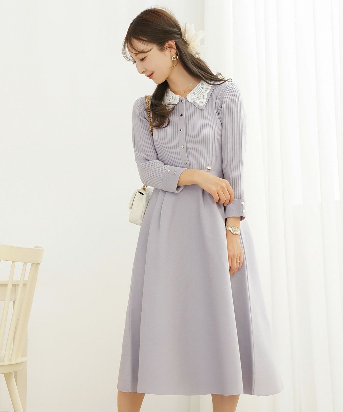 ニット ワンピース レース レース襟 花 華やか エレガント フェミニン 上品 大人 きれいめ 食事会 懇談会 ヌン活 女子会 前開き 長袖 春 映え 秋 