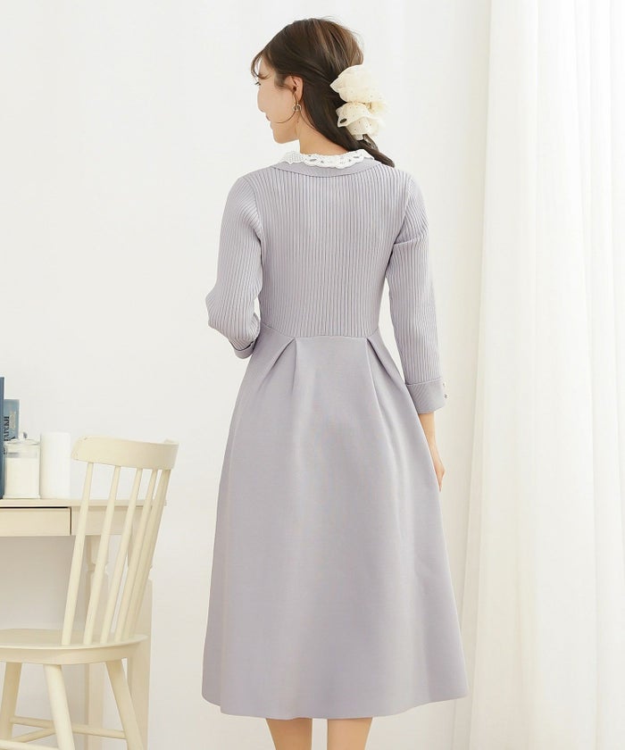 ニット ワンピース レース レース襟 花 華やか エレガント フェミニン 上品 大人 きれいめ 食事会 懇談会 ヌン活 女子会 前開き 長袖 春 映え 秋 