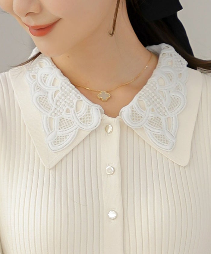 ニット ワンピース レース レース襟 花 華やか エレガント フェミニン 上品 大人 きれいめ 食事会 懇談会 ヌン活 女子会 前開き 長袖 春 映え 秋 