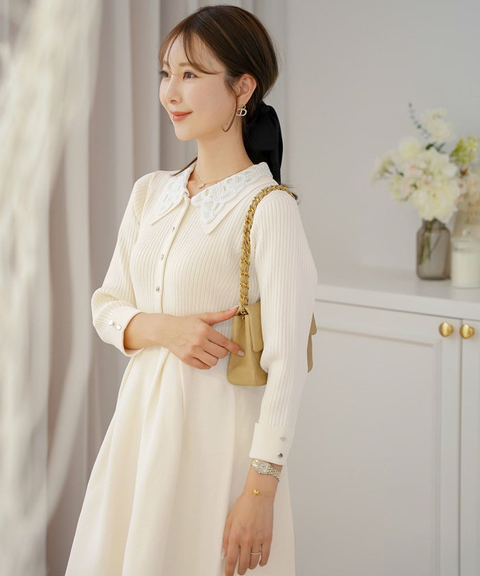 ニット ワンピース レース レース襟 花 華やか エレガント フェミニン 上品 大人 きれいめ 食事会 懇談会 ヌン活 女子会 前開き 長袖 春 映え 秋 