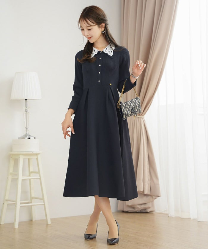 ニット ワンピース レース レース襟 花 華やか エレガント フェミニン 上品 大人 きれいめ 食事会 懇談会 ヌン活 女子会 前開き 長袖 春 映え 秋 