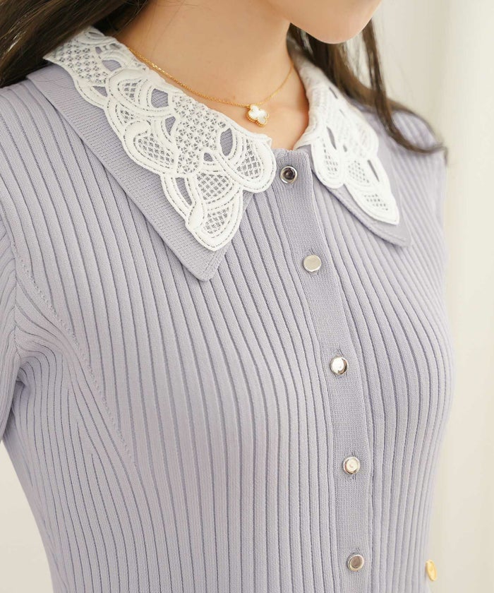ニット ワンピース レース レース襟 花 華やか エレガント フェミニン 上品 大人 きれいめ 食事会 懇談会 ヌン活 女子会 前開き 長袖 春 映え 秋 