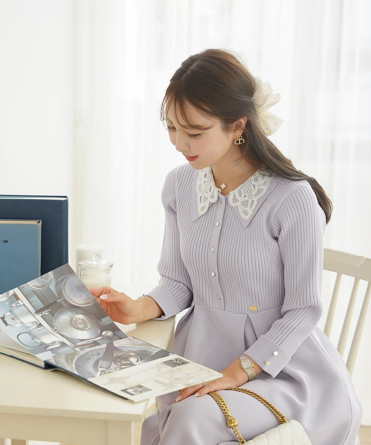 ニット ワンピース レース レース襟 花 華やか エレガント フェミニン 上品 大人 きれいめ 食事会 懇談会 ヌン活 女子会 前開き 長袖 春 映え 秋 