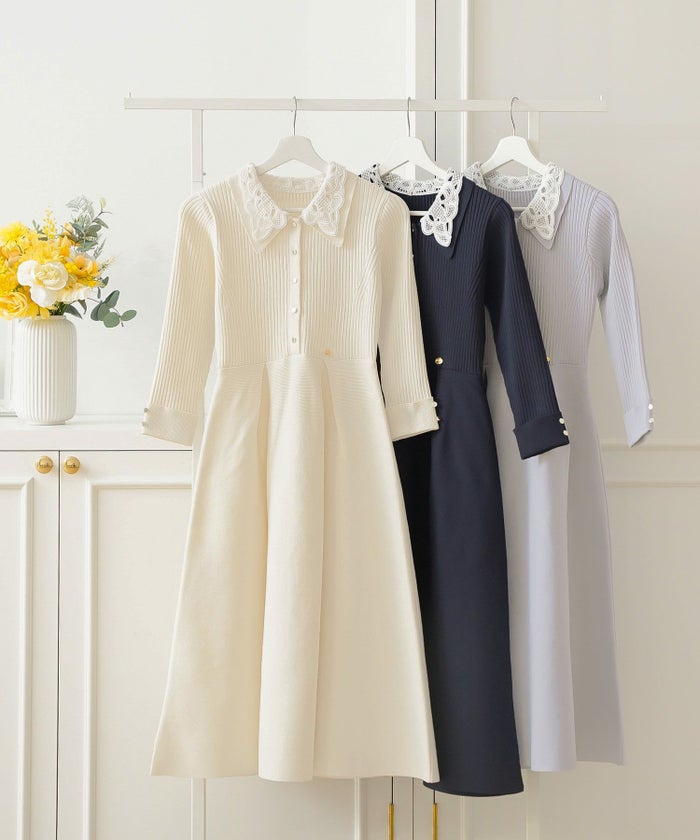 ニット ワンピース レース レース襟 花 華やか エレガント フェミニン 上品 大人 きれいめ 食事会 懇談会 ヌン活 女子会 前開き 長袖 春 映え 秋 