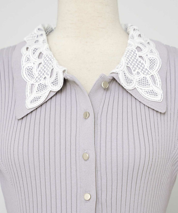 ニット ワンピース レース レース襟 花 華やか エレガント フェミニン 上品 大人 きれいめ 食事会 懇談会 ヌン活 女子会 前開き 長袖 春 映え 秋 