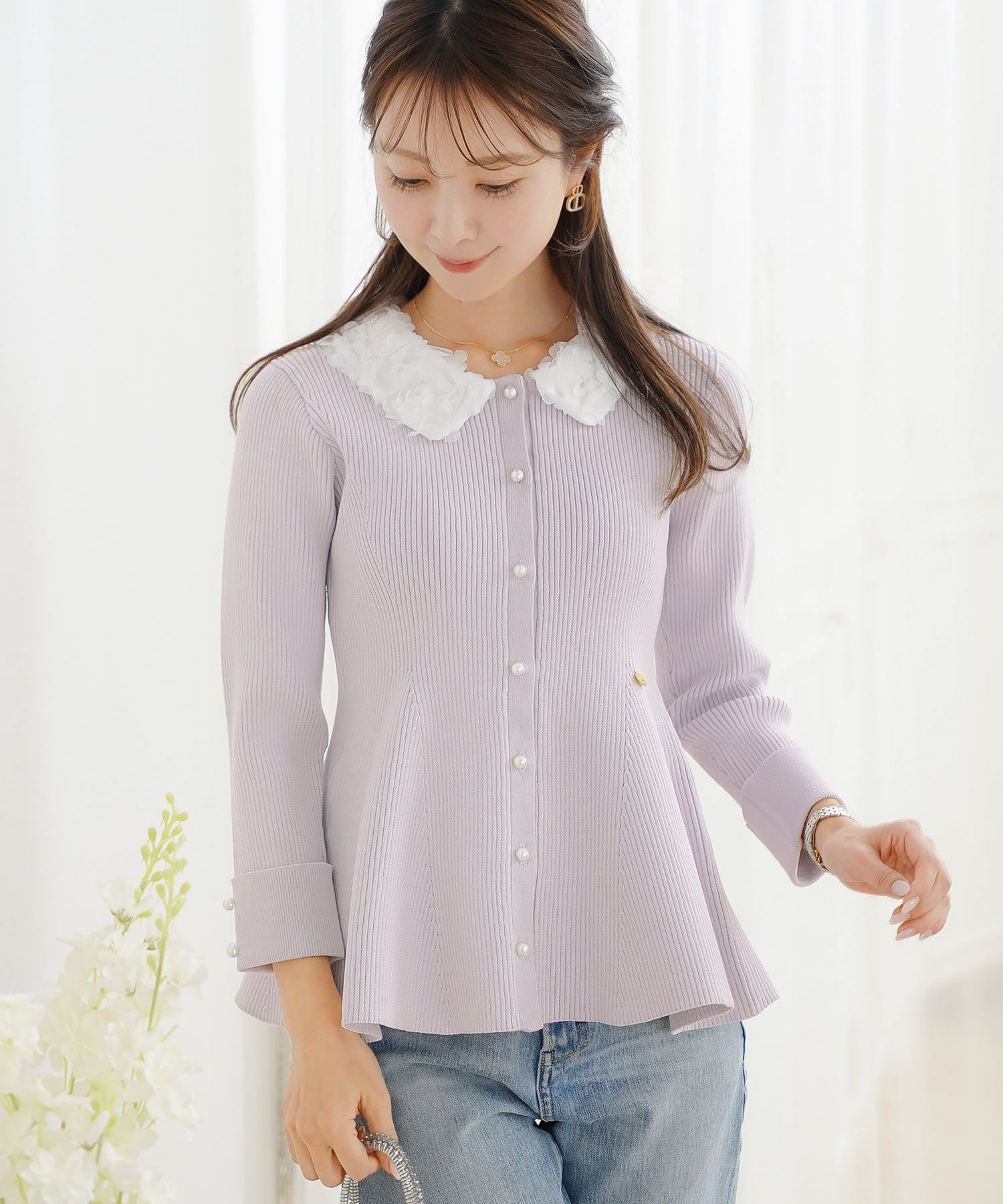 フラワー 襟付き ニット ペプラム le reve vaniller 全3色｜lvn411