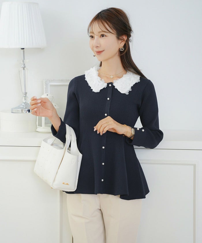 ニット トップス ペプラム 花 花襟 フラワー 長袖 春 秋 冬 きれいめ カジュアル 上品 配色