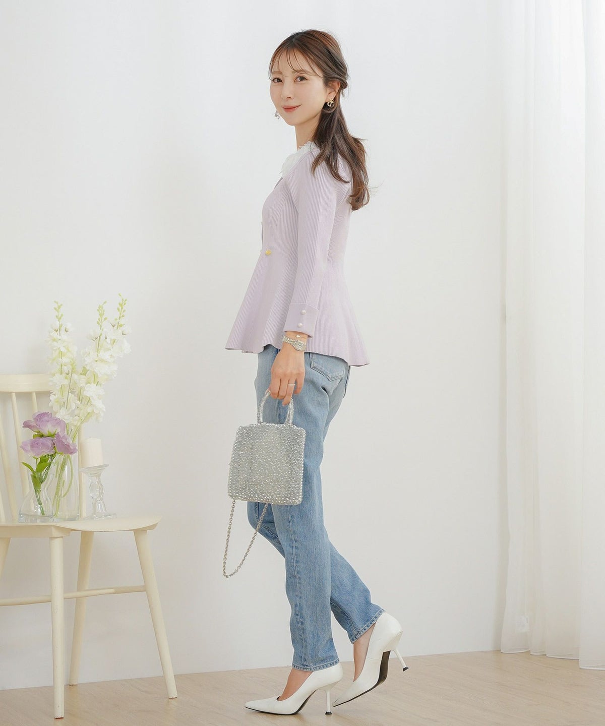 ニット トップス ペプラム 花 花襟 フラワー 長袖 春 秋 冬 きれいめ カジュアル 上品 配色