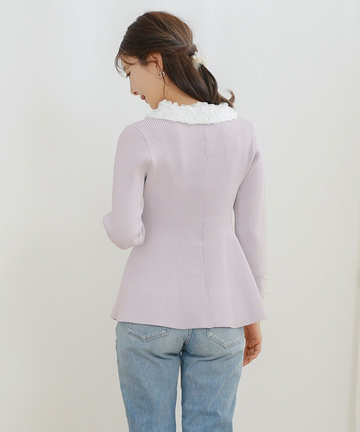 ニット トップス ペプラム 花 花襟 フラワー 長袖 春 秋 冬 きれいめ カジュアル 上品 配色