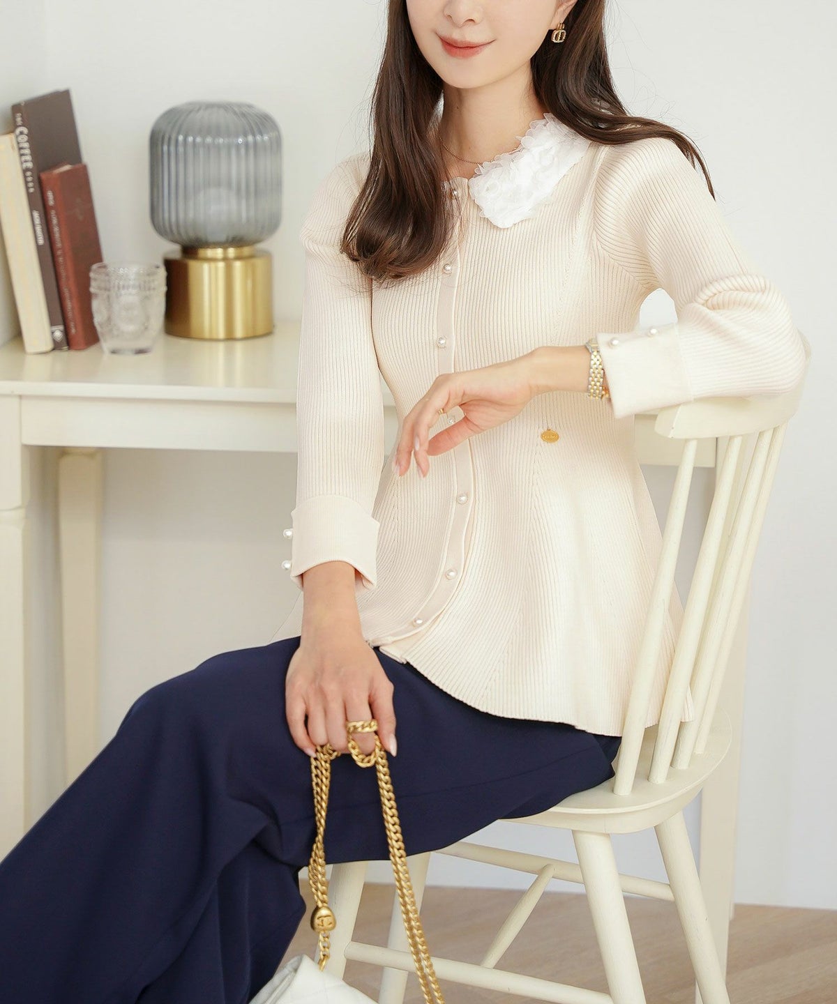 ニット トップス ペプラム 花 花襟 フラワー 長袖 春 秋 冬 きれいめ カジュアル 上品 配色