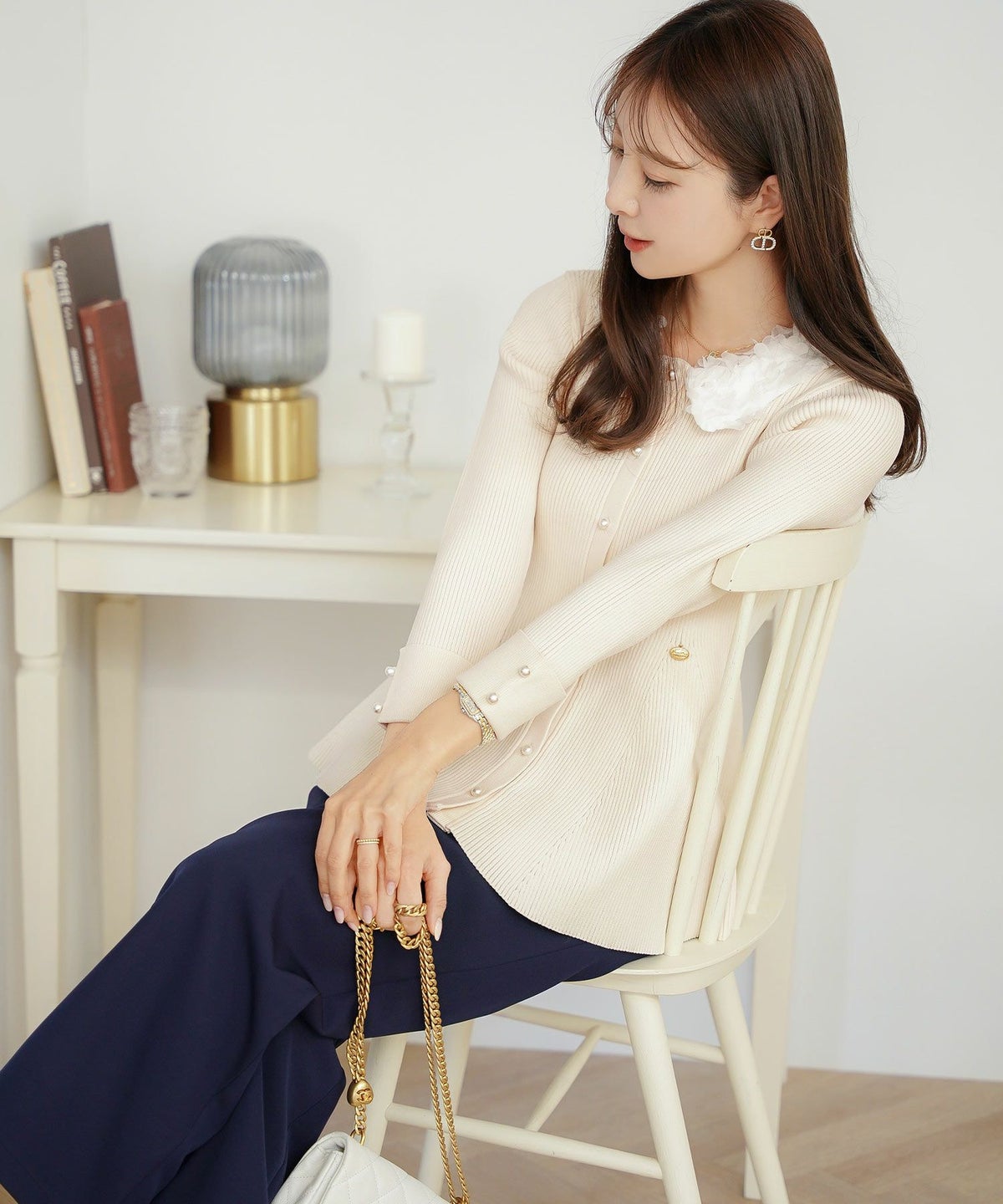 ニット トップス ペプラム 花 花襟 フラワー 長袖 春 秋 冬 きれいめ カジュアル 上品 配色