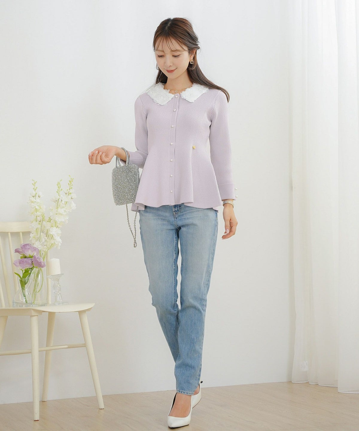 ニット トップス ペプラム 花 花襟 フラワー 長袖 春 秋 冬 きれいめ カジュアル 上品 配色