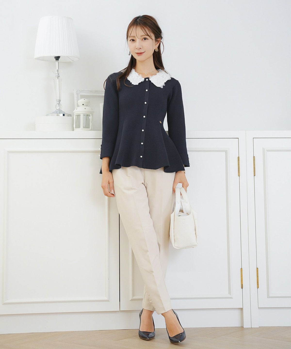 ニット トップス ペプラム 花 花襟 フラワー 長袖 春 秋 冬 きれいめ カジュアル 上品 配色