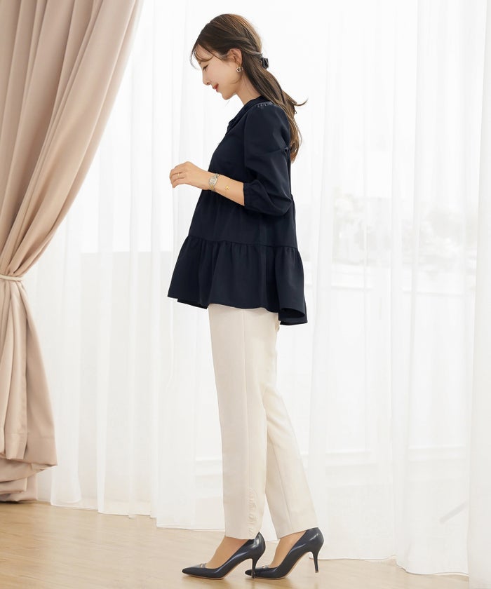 ブラウス トップス 花 襟 シャツ襟 ティアード 前開き パールボタン 7分袖