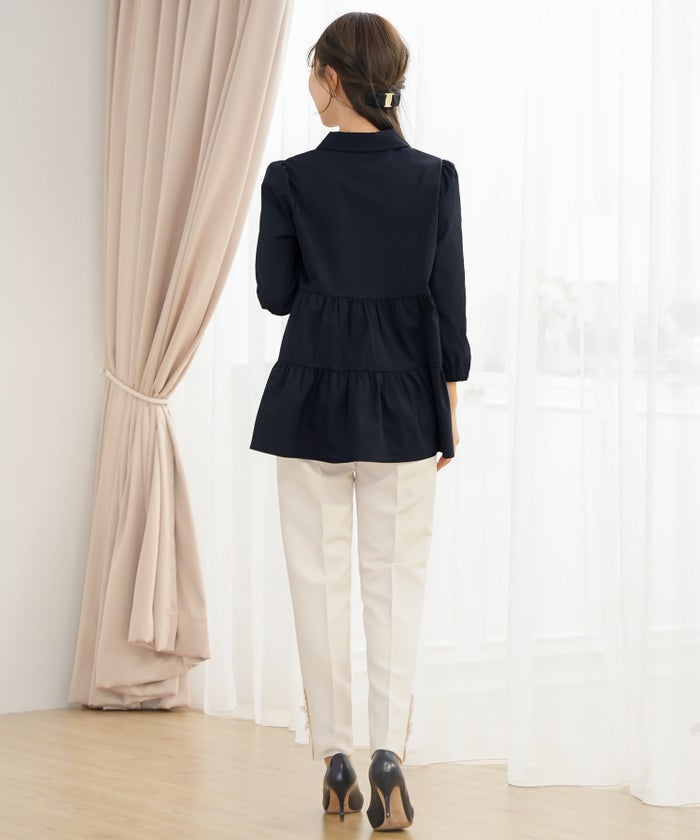 ブラウス トップス 花 襟 シャツ襟 ティアード 前開き パールボタン 7分袖