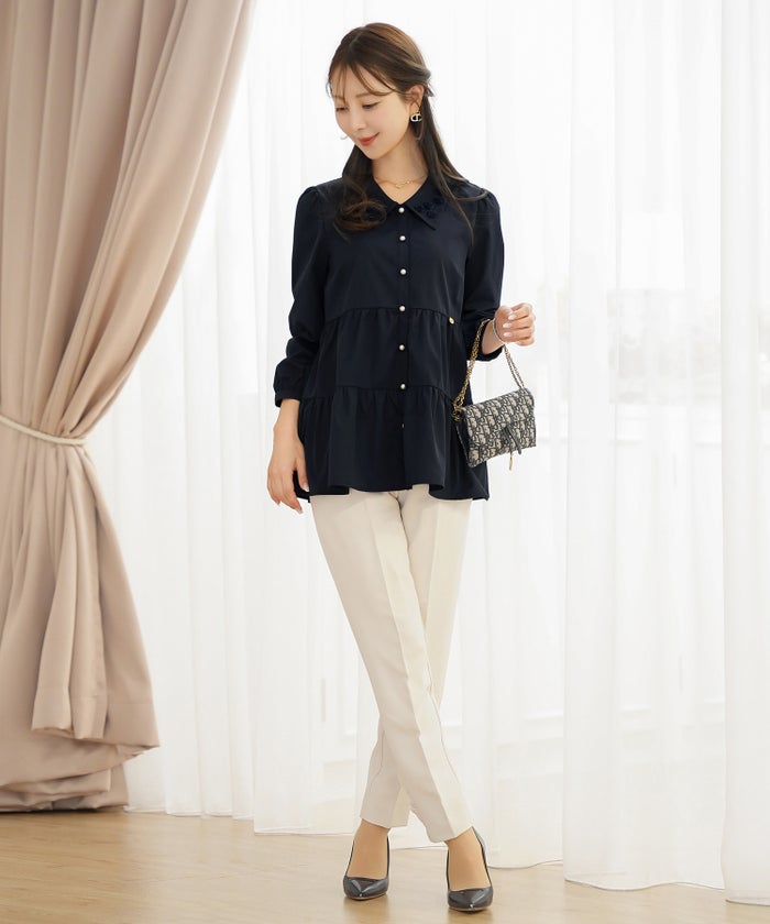 ブラウス トップス 花 襟 シャツ襟 ティアード 前開き パールボタン 7分袖