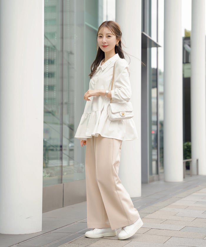 ブラウス トップス 花 襟 シャツ襟 ティアード 前開き パールボタン 7分袖