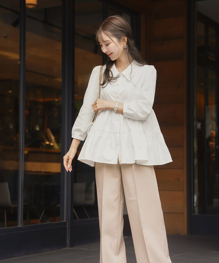 ブラウス トップス 花 襟 シャツ襟 ティアード 前開き パールボタン 7分袖