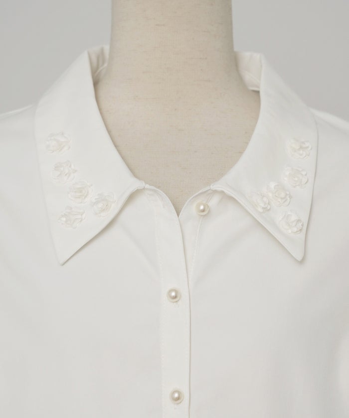 ブラウス トップス 花 襟 シャツ襟 ティアード 前開き パールボタン 7分袖