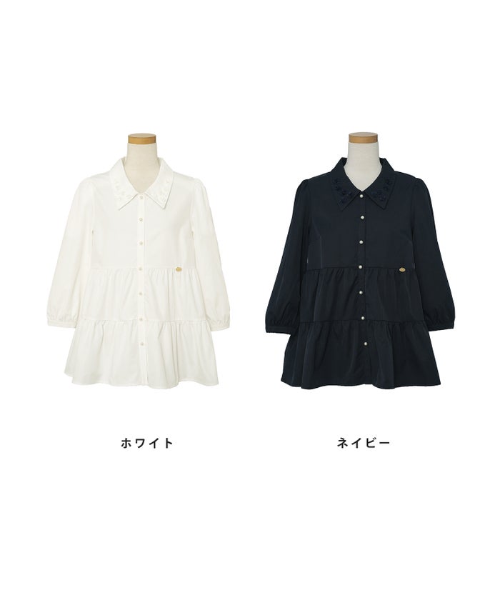 ブラウス トップス 花 襟 シャツ襟 ティアード 前開き パールボタン 7分袖