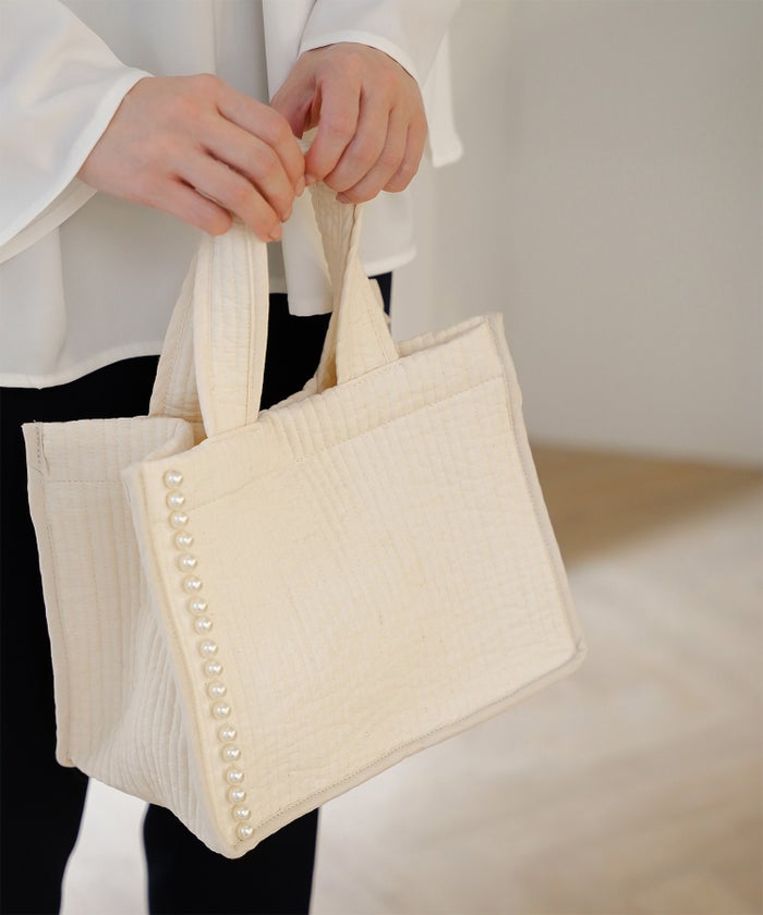 マチ付き パールトリム ヌビ バッグ スタンダード 韓国 オフィス かわいい アイボリー グレー チャコール ブラック フリー