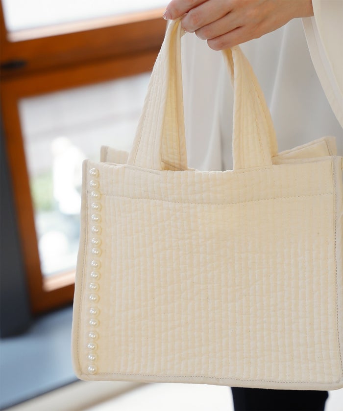 マチ付き パールトリム ヌビ バッグ スタンダード 韓国 オフィス かわいい アイボリー グレー チャコール ブラック フリー