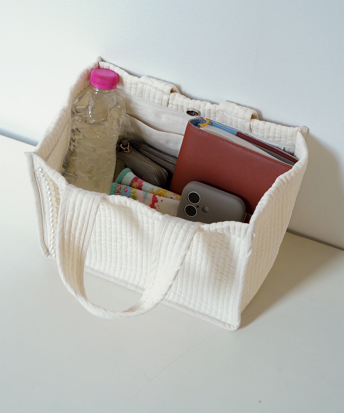 マチ付き パールトリム ヌビ バッグ スタンダード 韓国 オフィス かわいい アイボリー グレー チャコール ブラック フリー