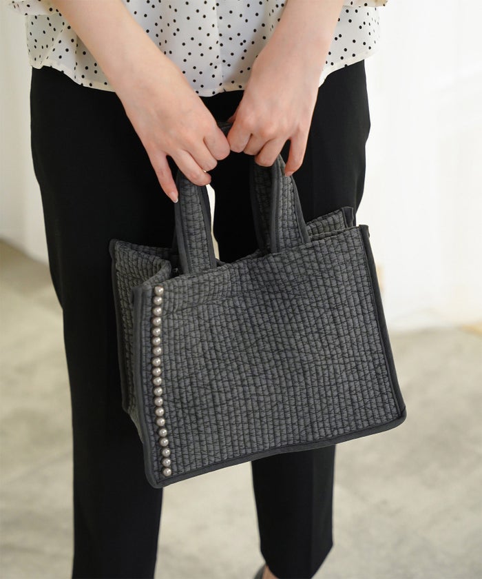 マチ付き パールトリム ヌビ バッグ スタンダード 韓国 オフィス かわいい アイボリー グレー チャコール ブラック フリー