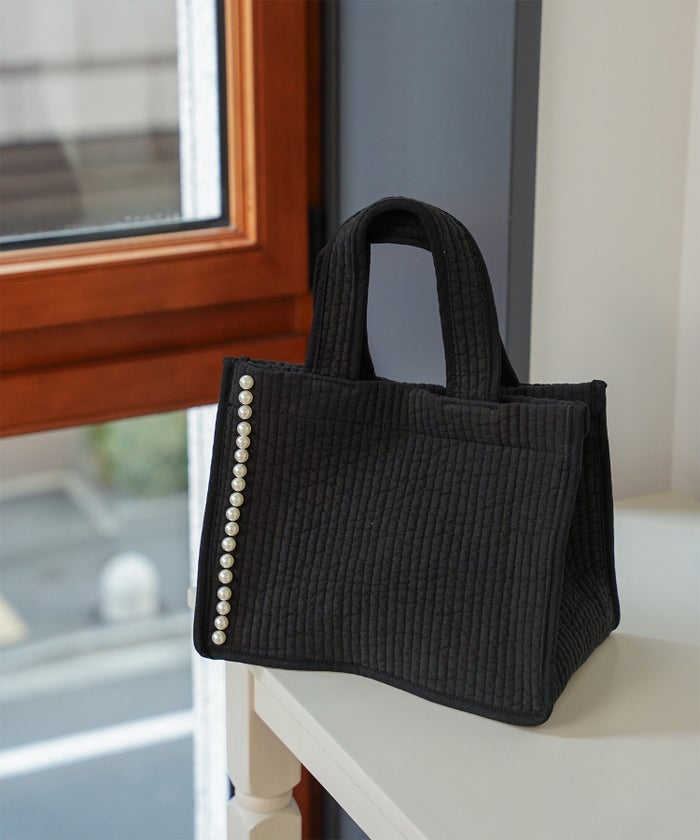 マチ付き パールトリム ヌビ バッグ スタンダード 韓国 オフィス かわいい アイボリー グレー チャコール ブラック フリー