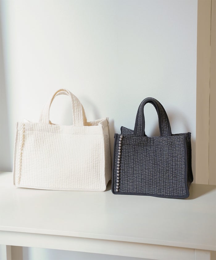 マチ付き パールトリム ヌビ バッグ スタンダード 韓国 オフィス かわいい アイボリー グレー チャコール ブラック フリー